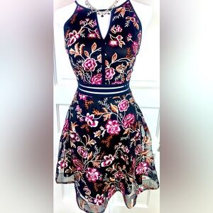 BCX Junior's Embroidered Illusion Fit & Flare Dress - Black w/ Colorful Flowers